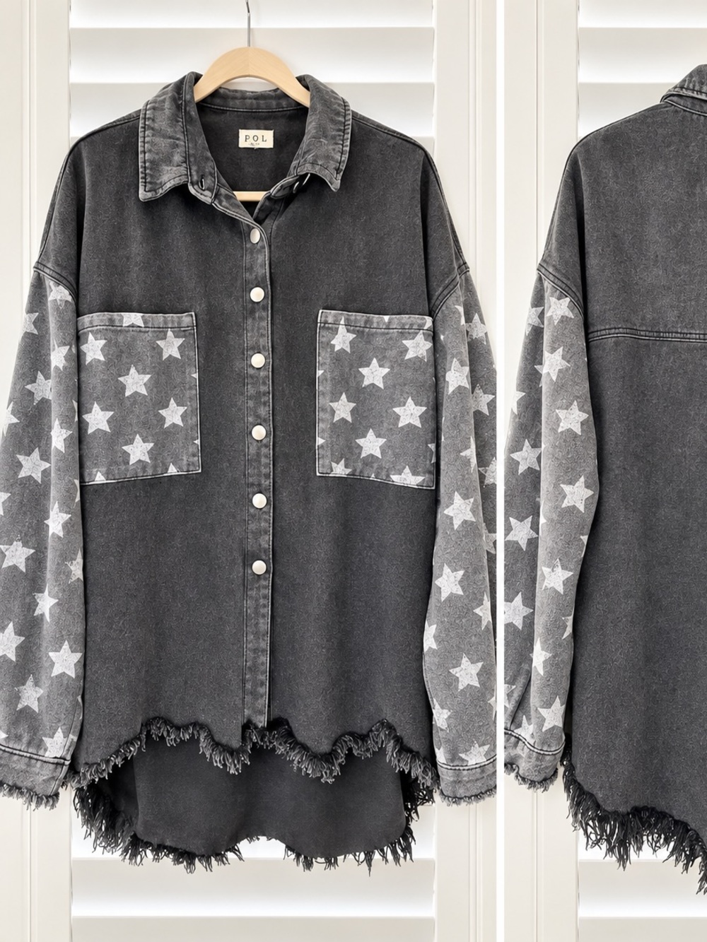 POL Gray Denim Star-Print Button-Front Shirt Jacket
